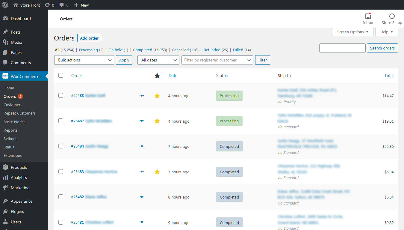 Repeat Customers for WooCommerce – Admin Panel – WooCommerce Shop Orders – Showing Repeat Customer column with stars next to customer orders