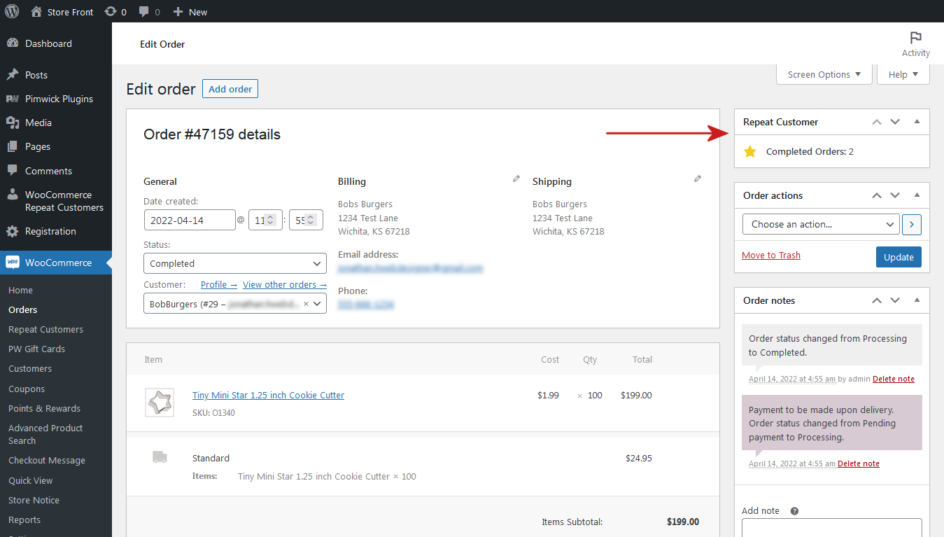 Repeat Customers for WooCommerce – Admin Panel – WooCommerce Shop Orders – Order Details / Edit Order – Showing Repeat Customer metabox