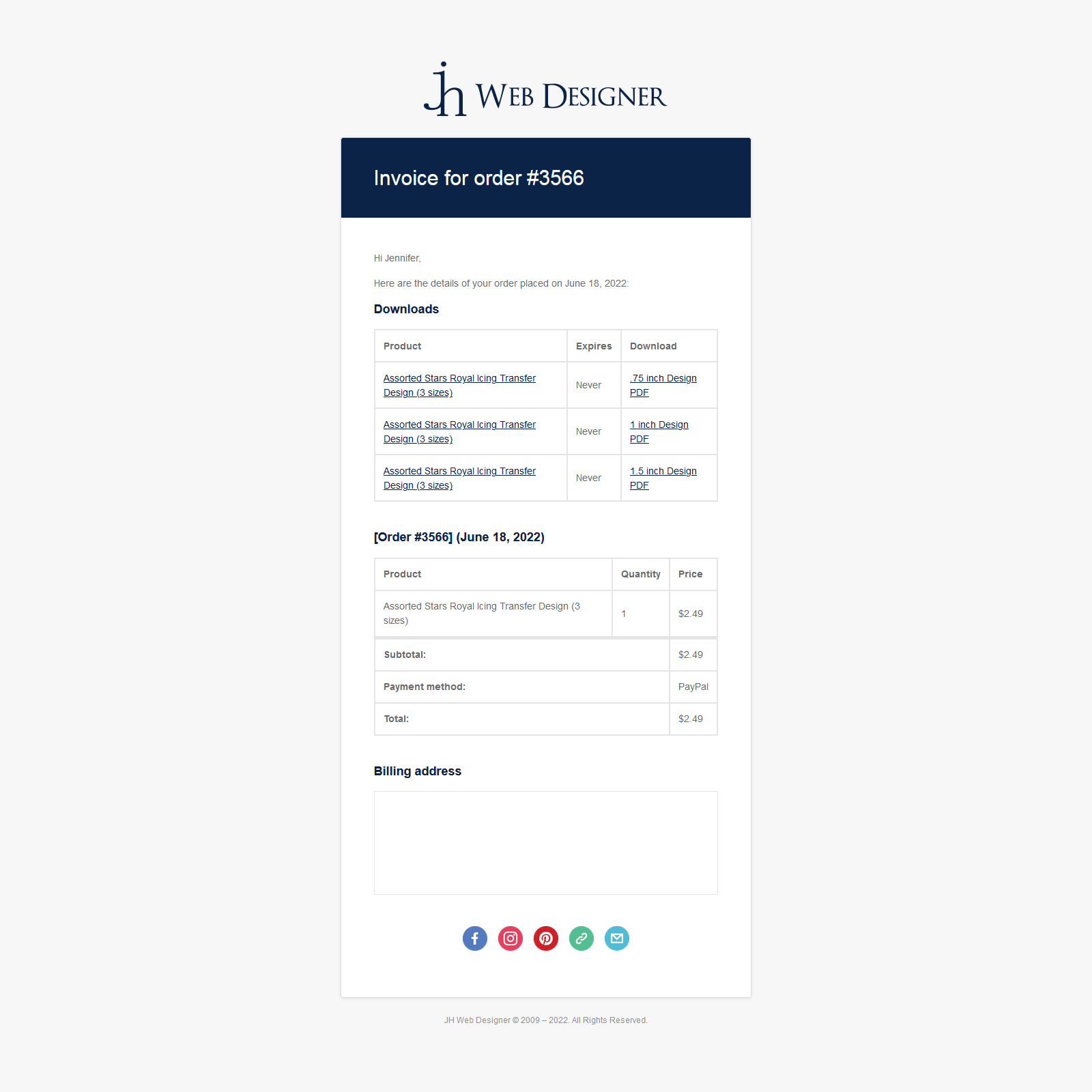 Social Icons for WooCommerce Emails – WooCommerce completed order example showing social icons in the footer of the email