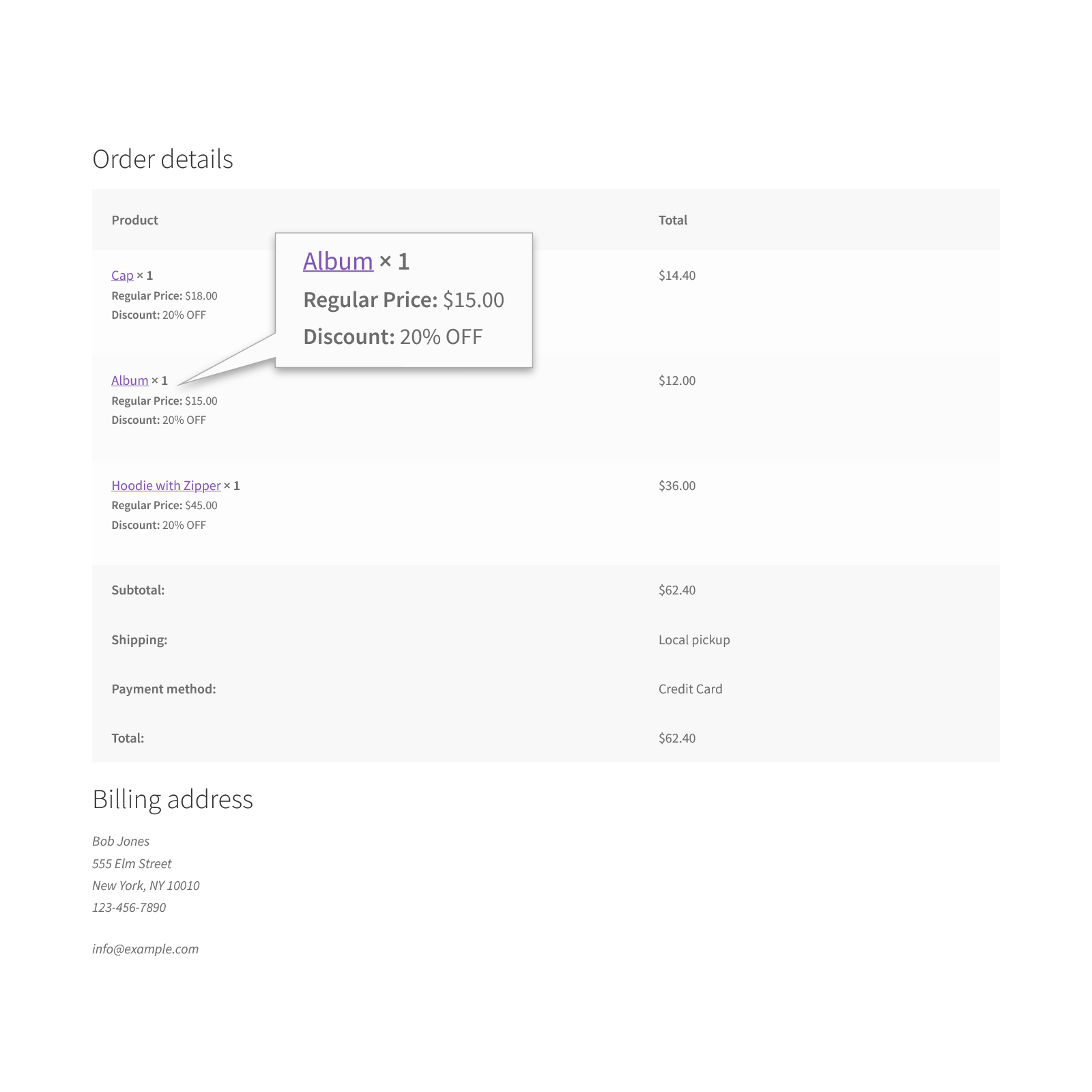 Website Front End : Thank You Page, Order details table, shows products purchased with Regular Price and Discount Item Data