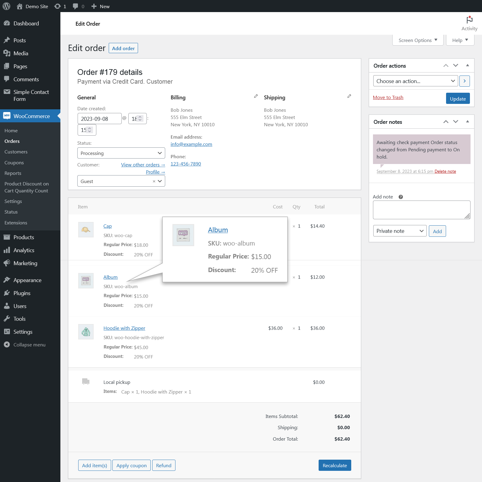 Admin Panel : Edit Order / Order Details showing Regular Price and Discount Item Data